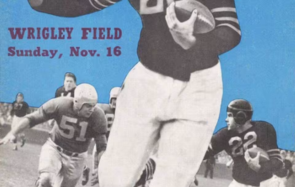 Program for the game between the Chicago Bears and the Washington Redskins of the National Football League, November 16, 1941. Photo is from 1940 action, featuring #22 Solly Sherman, pursued by linebacker #51 Joe Watson of the Detroit Lions. Photographer and graphic artist uncredited. Published as Redskins vs. Bears: Wrigley Field, Sunday, Nov. 16: Official Program. Chicago: Chicago Bears Football Club, 1941.