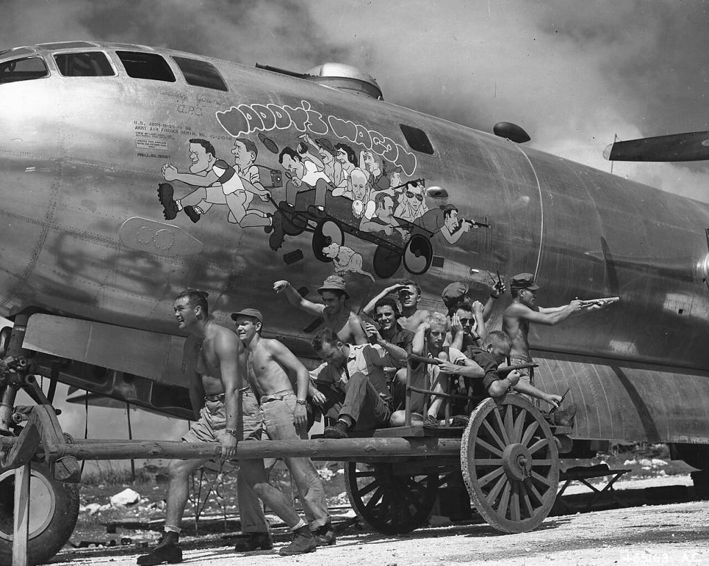 Young (far left, pulling wagon) and his B-29 crew "Waddy's Wagon"