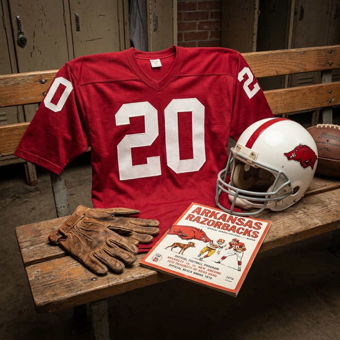 Gemini AI-created image of a 1970-era University of Arkansas American football jersey 20, without a name on it, and a matching period-correct helmet, the program cover appropriate to the era and team.