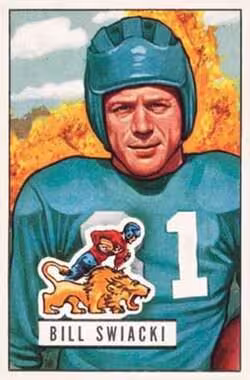 Here is a 1951 Bowman football of Bill Swiacki of the Detroit Lions card number #132. Here is a 1951 Bowman football of Bill Swiacki of the Detroit Lions card number #132. Card is in public domain as PD-not renewed, see template for more details.