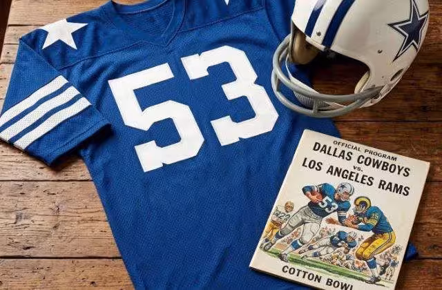 AI-generated blue jersey 53 on a wooden table with a white star helmet and period example of a program
