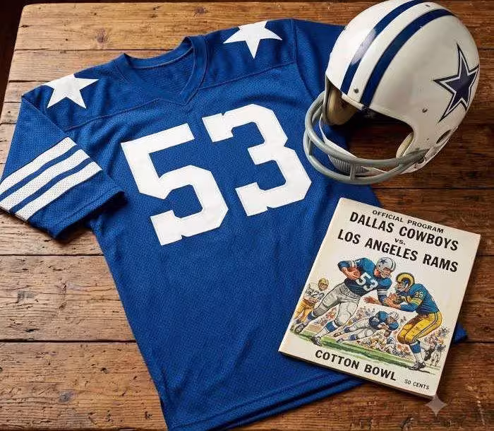 AI-generated blue jersey 53 on a wooden table with a white star helmet and period example of a program