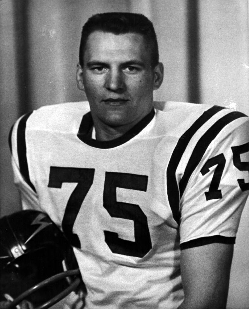 b/w publicity photo of Brock Strom (en), offensive lineman for the Air Force Academy, circa 1959.