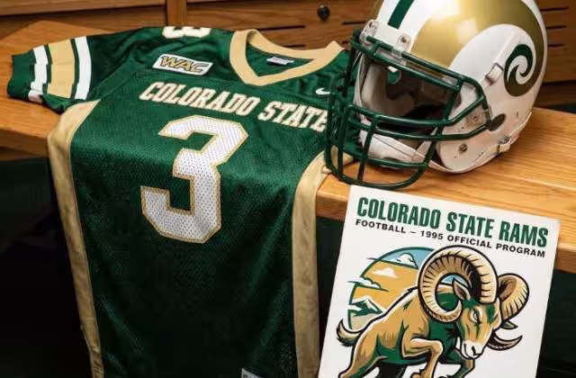 Gemini AI-created image of a 1995-era Colorado State American football jersey 3, without a name on it, and a matching period-correct helmet, the program cover appropriate to the era and team.