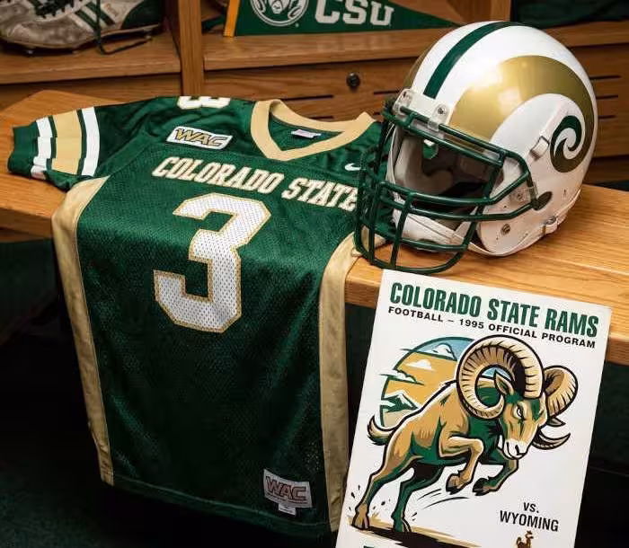 Gemini AI-created image of a 1995-era Colorado State American football jersey 3, without a name on it, and a matching period-correct helmet, the program cover appropriate to the era and team.