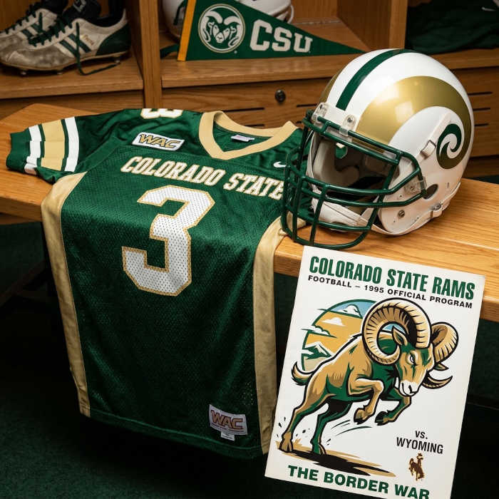 Gemini AI-created image of a 1995-era Colorado State American football jersey 3, without a name on it, and a matching period-correct helmet, the program cover appropriate to the era and team.