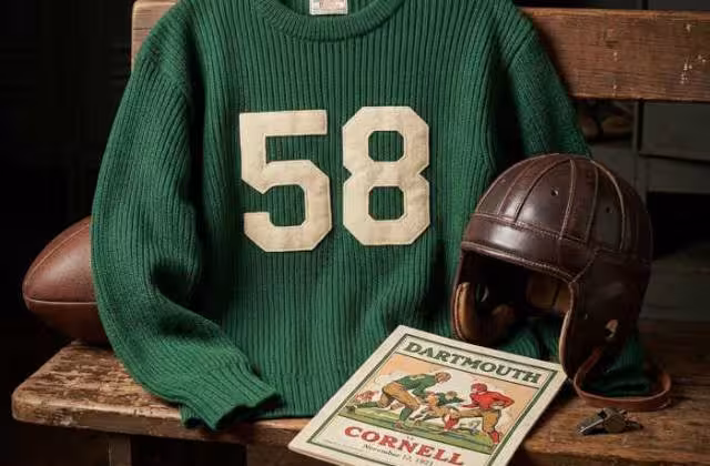 Gemini AI-created image of a 1921-era Dartmouth American football jersey sweater 58, without a name on it, and a matching period-correct helmet, the program cover appropriate to the era and team.