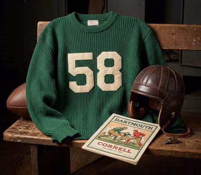 Gemini AI-created image of a 1921-era Dartmouth American football jersey sweater 58, without a name on it, and a matching period-correct helmet, the program cover appropriate to the era and team.
