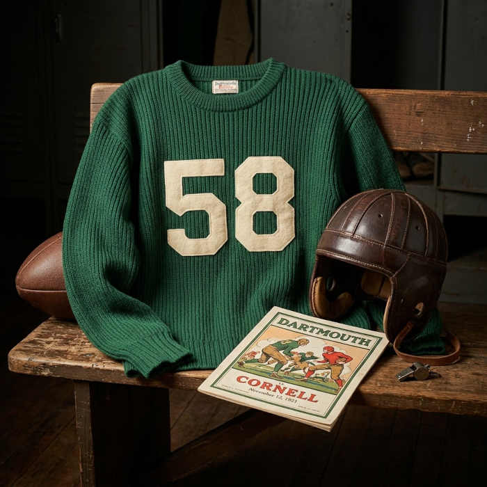 Gemini AI-created image of a 1921-era Dartmouth American football jersey sweater 58, without a name on it, and a matching period-correct helmet, the program cover appropriate to the era and team.
