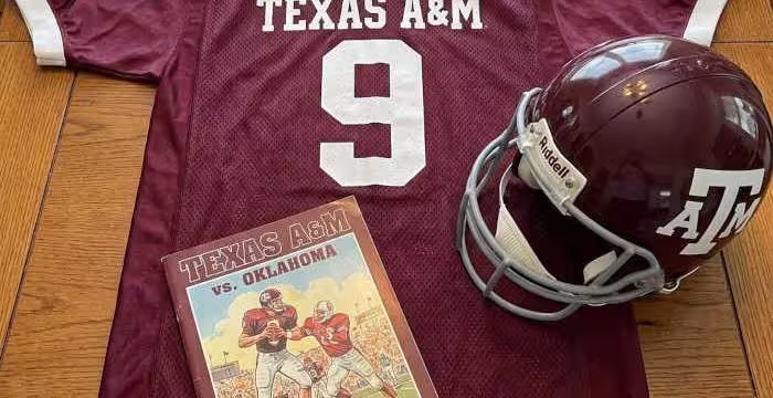 Gemini AI-created image of a 1998-era Texas A&M American football jersey 9, without a name on it, and a matching period-correct helmet, the program cover appropriate to the era and team.