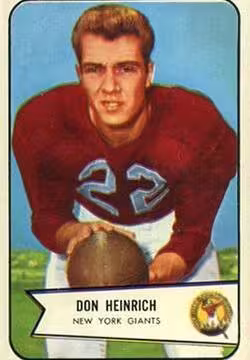 Full color watercolor image of Heinrich on a 1954 Bowman football card). Courtesy of a kind uploader to Wikimedia Commons who shared it.