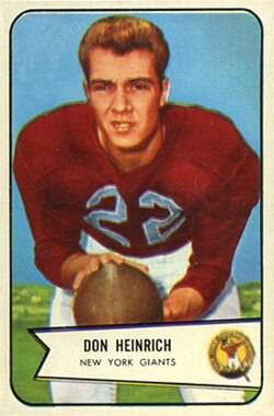 Full color watercolor image of Heinrich on a 1954 Bowman football card). Courtesy of a kind uploader to Wikimedia Commons who shared it.