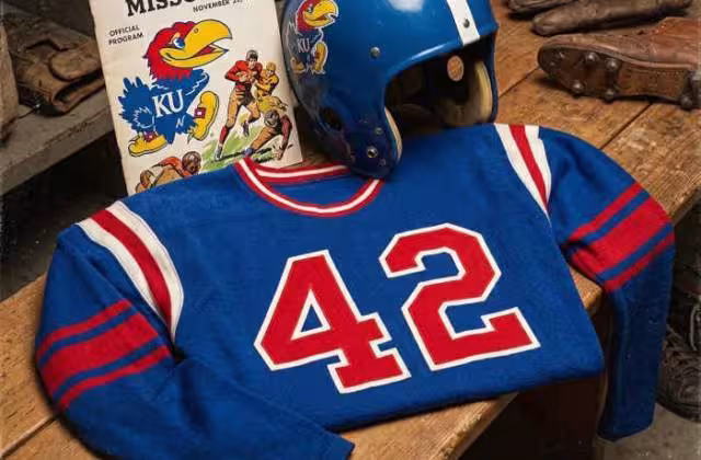Gemini AI-created image of a 1947-era KansasAmerican football jersey 42, without a name on it, and a matching period-correct helmet, the program cover appropriate to the era and team.