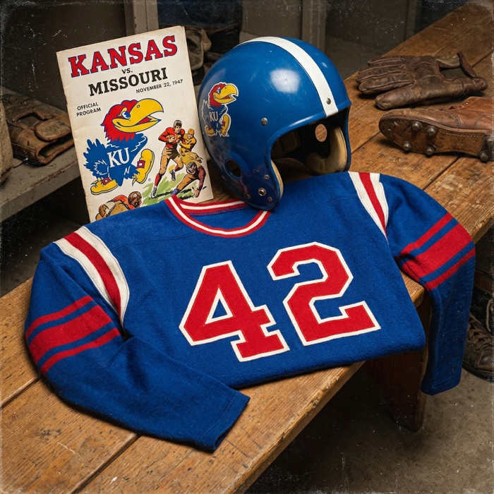 Gemini AI-created image of a 1947-era KansasAmerican football jersey 42, without a name on it, and a matching period-correct helmet, the program cover appropriate to the era and team.