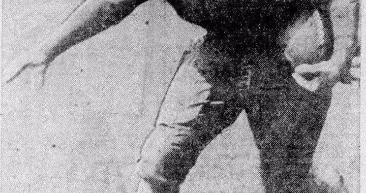 vintage black and white newspaper action image of Caption text says "Gene McEver, flashy halfback of the University of Tennessee eleven, is fast and shifty this year as he was in 1928 when he formed one-half of the Volunteer "Terrible Sophomore" pair. Buddy Hackman, the other sophomore back, also has returned. McEver is shown above in typical stride during workout in the Volunteer field." The Associated Pre