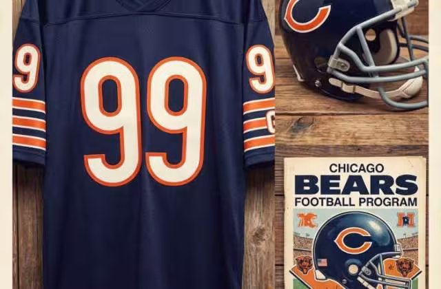 Gemini AI-created image of a 1985-era Chicago NFL American football jersey 99, without a name on it, and a matching period-correct helmet, the program cover appropriate to the era and team.