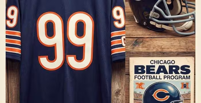 Gemini AI-created image of a 1985-era Chicago NFL American football jersey 99, without a name on it, and a matching period-correct helmet, the program cover appropriate to the era and team.