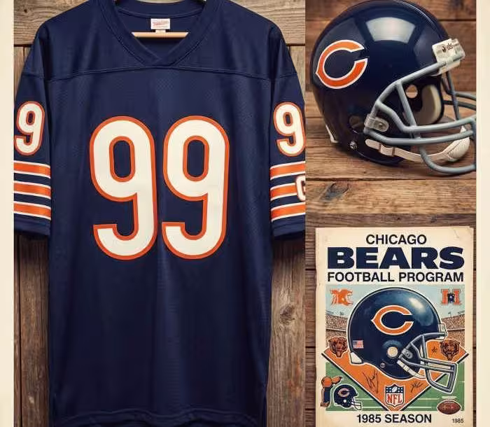 Gemini AI-created image of a 1985-era Chicago NFL American football jersey 99, without a name on it, and a matching period-correct helmet, the program cover appropriate to the era and team.