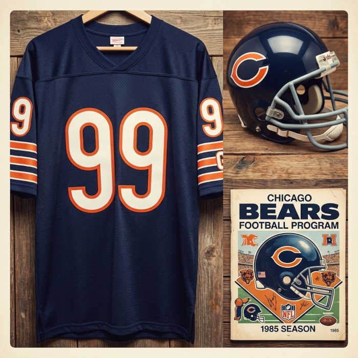 Gemini AI-created image of a 1985-era Chicago NFL American football jersey 99, without a name on it, and a matching period-correct helmet, the program cover appropriate to the era and team.