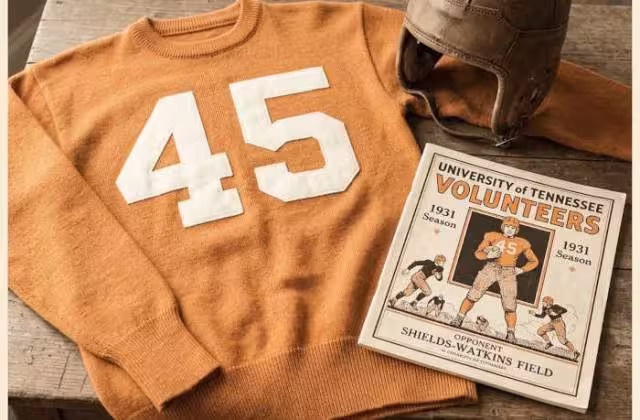 Gemini AI-created image of a 1931-era University of Tennessee American football jersey sweater 45, without a name on it, and a matching period-correct helmet, the program cover appropriate to the era and team.