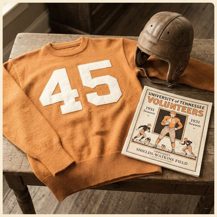Gemini AI-created image of a 1931-era University of Tennessee American football jersey sweater 45, without a name on it, and a matching period-correct helmet, the program cover appropriate to the era and team.