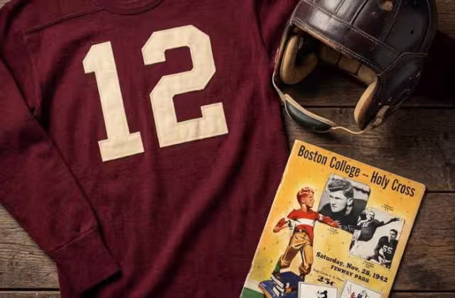 Gemini AI-created image of a 1942-era Boston College American football jersey 12, without a name on it, and a matching period-correct helmet, the program cover appropriate to the era and team.