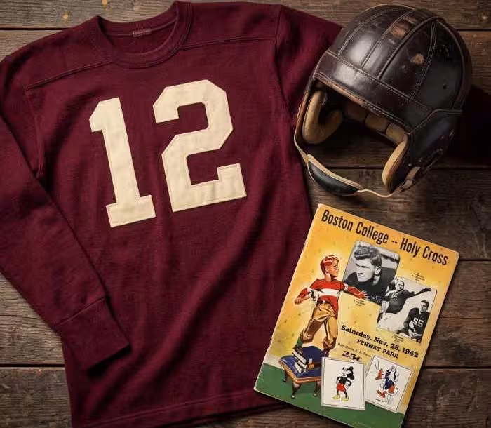 Gemini AI-created image of a 1942-era Boston College American football jersey 12, without a name on it, and a matching period-correct helmet, the program cover appropriate to the era and team.