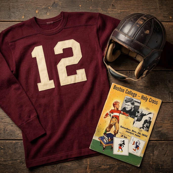 Gemini AI-created image of a 1942-era Boston College American football jersey 12, without a name on it, and a matching period-correct helmet, the program cover appropriate to the era and team.