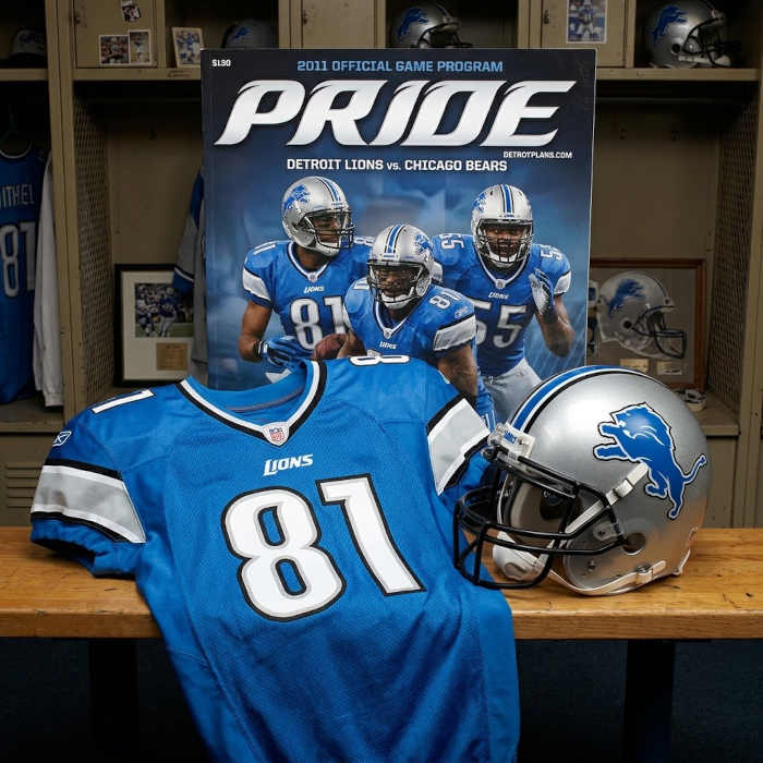 Gemini AI-created image of a 2011-era Detroit NFL American football jersey 81, without a name on it, and a matching period-correct helmet, the program cover appropriate to the era and team.