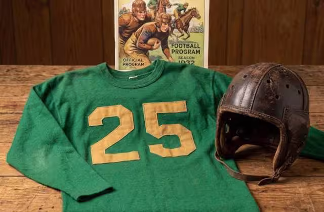 Gemini AI-created image of a 1932-era Kentucky State University American football jersey 25, without a name on it, and a matching period-correct helmet, the program cover appropriate to the era and team.