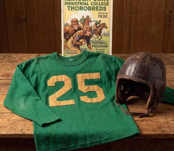 Gemini AI-created image of a 1932-era Kentucky State University American football jersey 25, without a name on it, and a matching period-correct helmet, the program cover appropriate to the era and team.