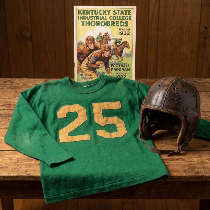 Gemini AI-created image of a 1932-era Kentucky State University American football jersey 25, without a name on it, and a matching period-correct helmet, the program cover appropriate to the era and team.