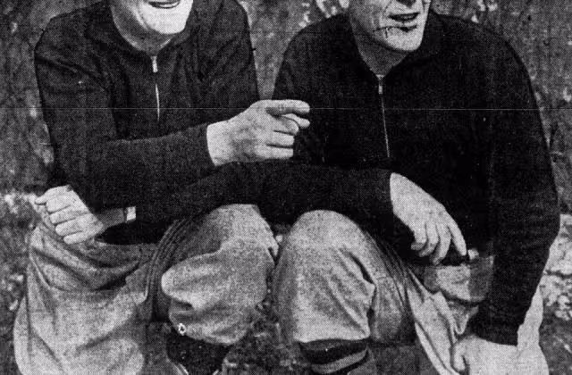 B/w old newspaper clipping foor the Los Angeles Daily News Chicago Bears co-head coaches Luke Johnsos (left) and Hunk Anderson (right).