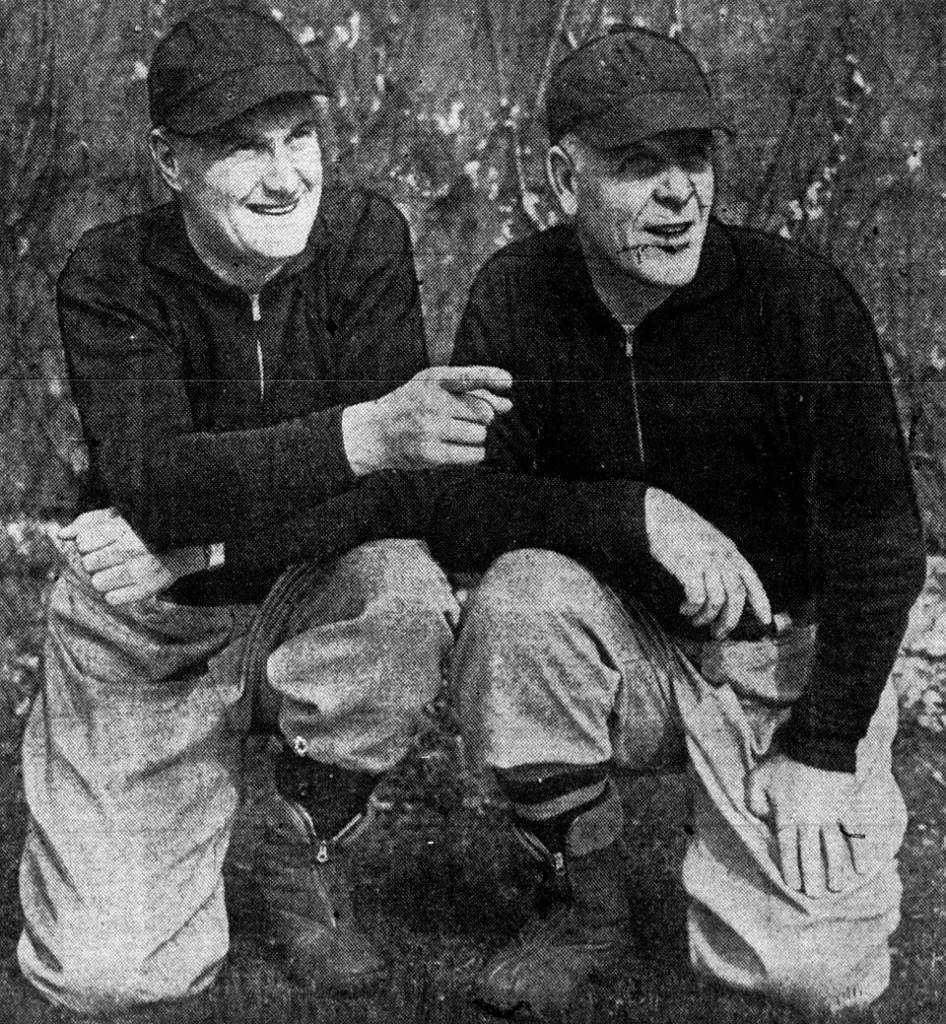 B/w old newspaper clipping foor the Los Angeles Daily News Chicago Bears co-head coaches Luke Johnsos (left) and Hunk Anderson (right).