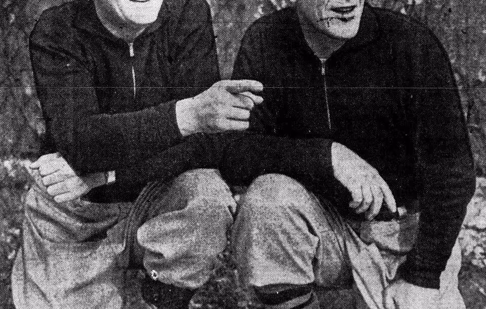 B/w old newspaper clipping foor the Los Angeles Daily News Chicago Bears co-head coaches Luke Johnsos (left) and Hunk Anderson (right).