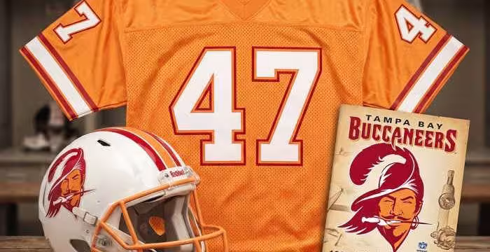 Gemini AI-created image of a 1995-era Tampa Bay NFL American football jersey 47, without a name on it, and a matching period-correct helmet, the program cover appropriate to the era and team.