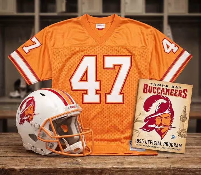 Gemini AI-created image of a 1995-era Tampa Bay NFL American football jersey 47, without a name on it, and a matching period-correct helmet, the program cover appropriate to the era and team.