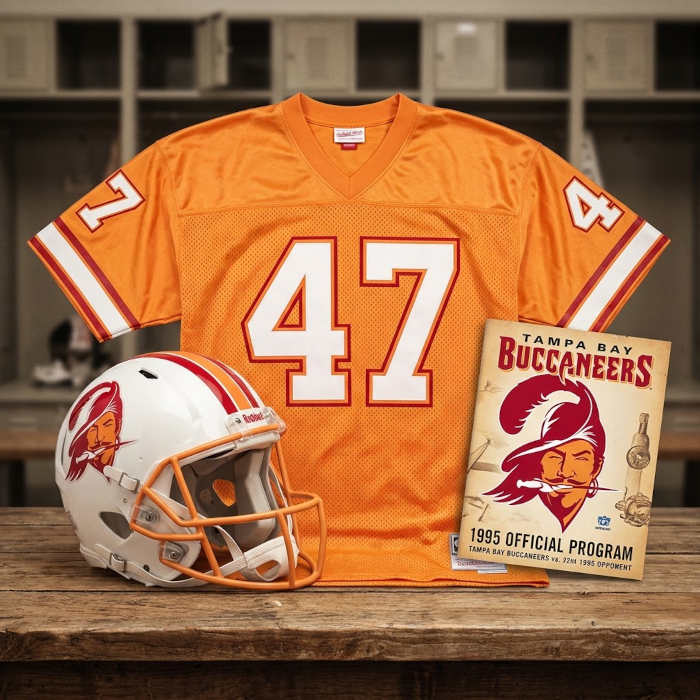 Gemini AI-created image of a 1995-era Tampa Bay NFL American football jersey 47, without a name on it, and a matching period-correct helmet, the program cover appropriate to the era and team.