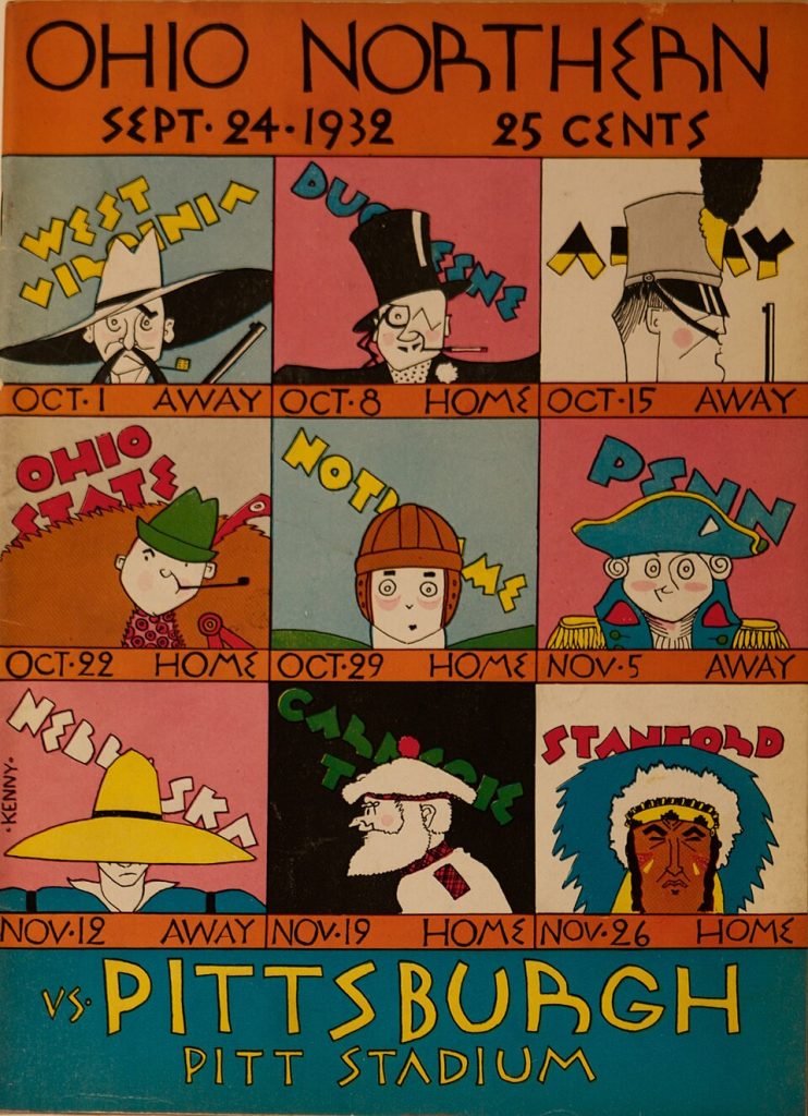 Multi color collage of football team mascots of Official Football Program for the Pitt versus Ohio Northern game on September 24, 1932 Published by the athletic departments of the University of Pittsburgh and Carnegie Institute of Technology. Charles "Chick" Kenny illustrated the cover