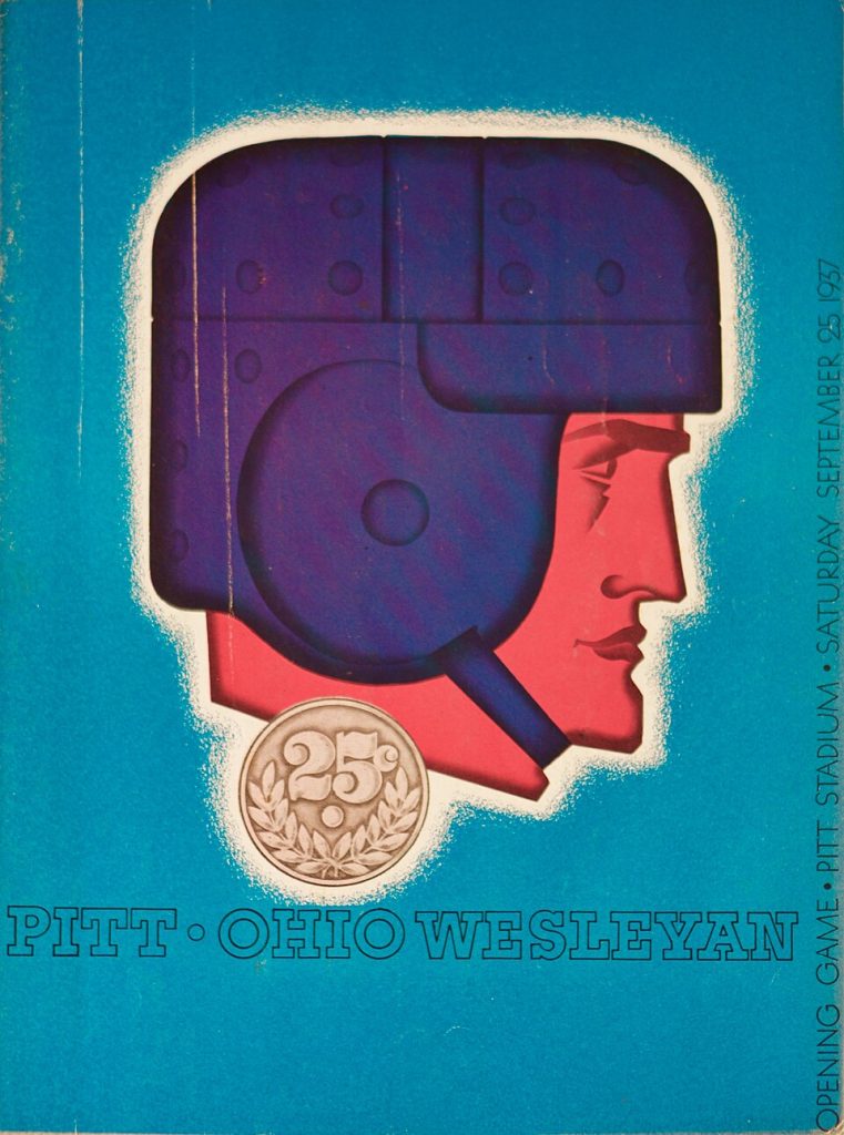 Blue base background with large football player head with helmet on a game day programs, Official Program for the September 25, 1937 Pitt versus Ohio Wesleyan football game