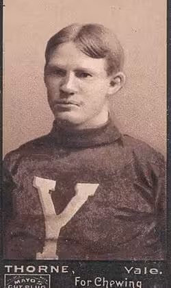 VIntage b/w tobacco trading card of Mayo's Cut Plug football card of Sam Thorne Unknown author - Mayo's Cut Plug football card of Sam "Brick" Thorne, issued 1894.