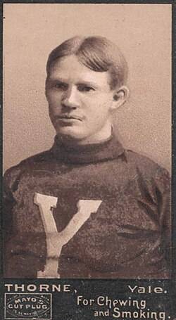 VIntage b/w tobacco trading card of Mayo's Cut Plug football card of Sam Thorne Unknown author - Mayo's Cut Plug football card of Sam "Brick" Thorne, issued 1894.