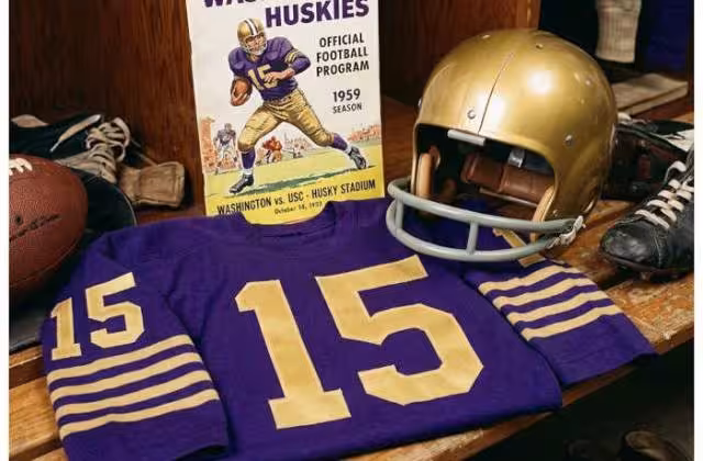 Gemini AI-created image of a 1959-era University of Washington American football jersey 15, without a name on it, and a matching period-correct helmet, the program cover appropriate to the era and team.