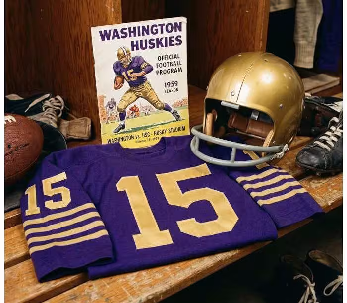 Gemini AI-created image of a 1959-era University of Washington American football jersey 15, without a name on it, and a matching period-correct helmet, the program cover appropriate to the era and team.