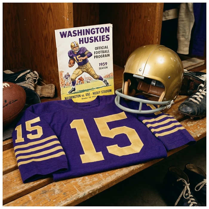 Gemini AI-created image of a 1959-era University of Washington American football jersey 15, without a name on it, and a matching period-correct helmet, the program cover appropriate to the era and team.