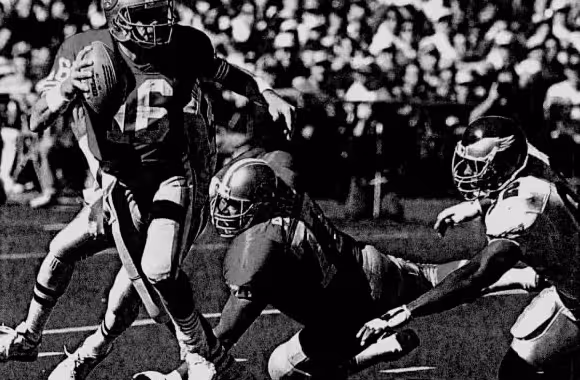 Black and white newspaper clipping of Montana avoids Eagles Rush 25 Sep 1989, Mon Lancaster New Era (Lancaster, Pennsylvania) Newspapers.com
