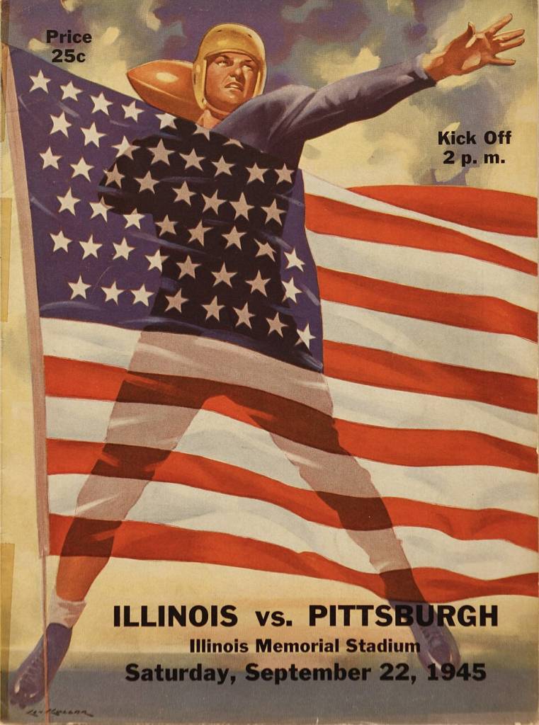 Full color shared program cover, public domain, September 22, 1945 University of Illinois versus University of Pittsburgh football game souvenir program cover, illustrated by Lon Keller Cover illustrated by Lon Keller, program published by the University of Illinois Athletic Association.