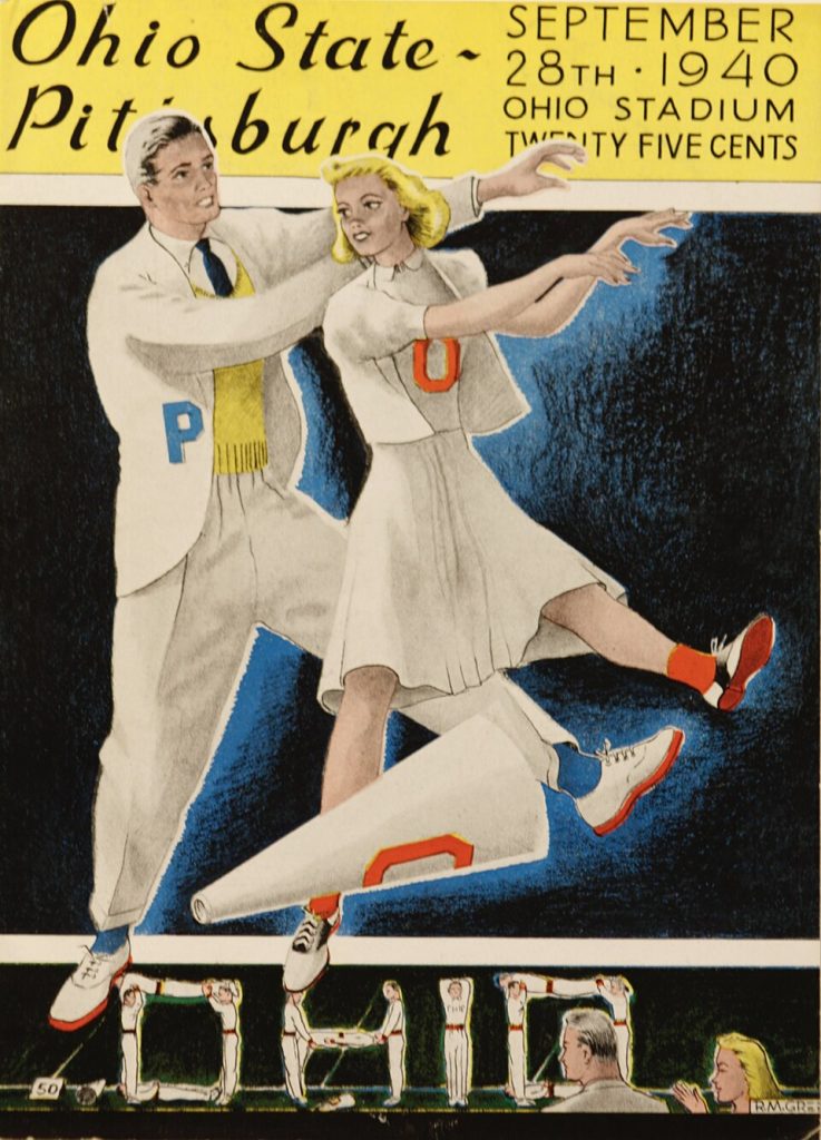 Color program of two cheerleaders dancing for the September 28, 1940 Ohio State versus Pittsburgh football program with cover illustrated by Richard M. Green (class of 1942)