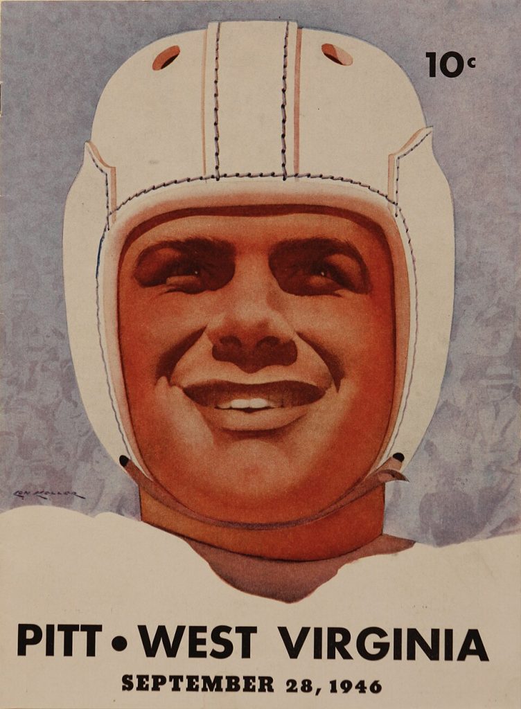Vintage September 28, 1946, Pitt vs. West Virginia football program cover. Features Lon Keller's illustration of a smiling football player in a white leather helmet with black stitching. A primary source for 1940s Backyard Brawl history, post-war college football research, and Pigskin Dispatch archives.
