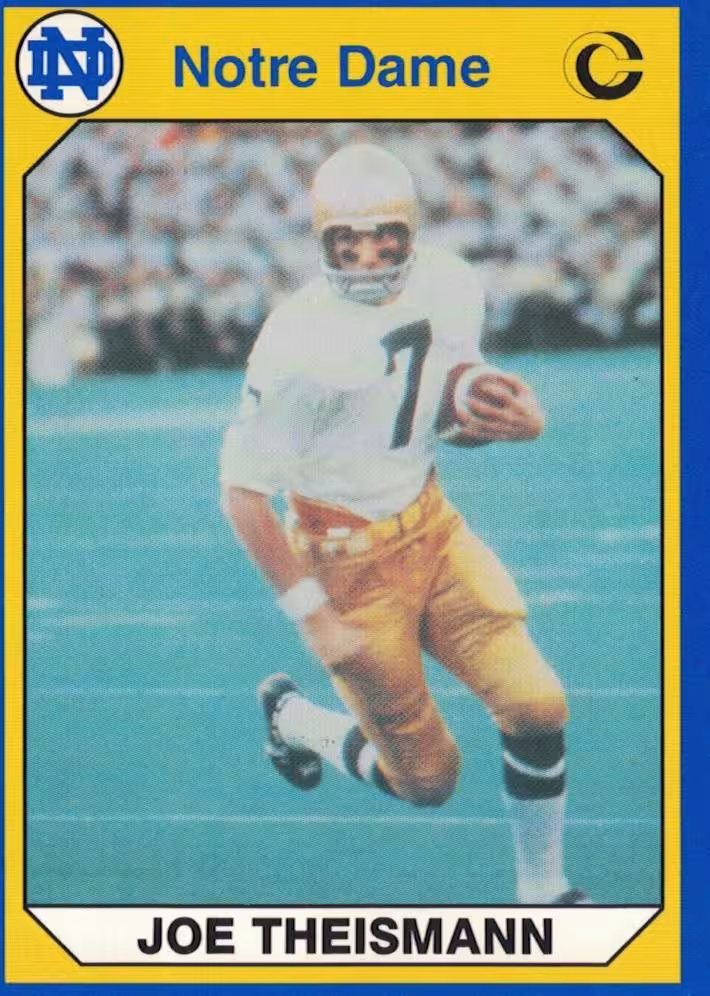color image of trading card Joe Theismann on his 1990 Collegiate Collection Notre Dame Legends card (Darin Hayes personal collection)